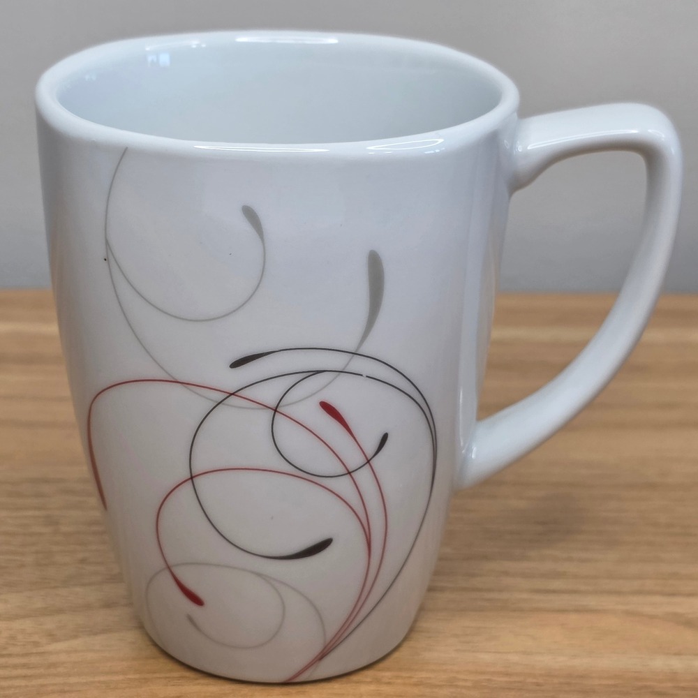 Corelle Splendor Coffee Mugs Square 4.25" 14oz Set of 4 White Red Gray Swirl - Picture 7 of 9